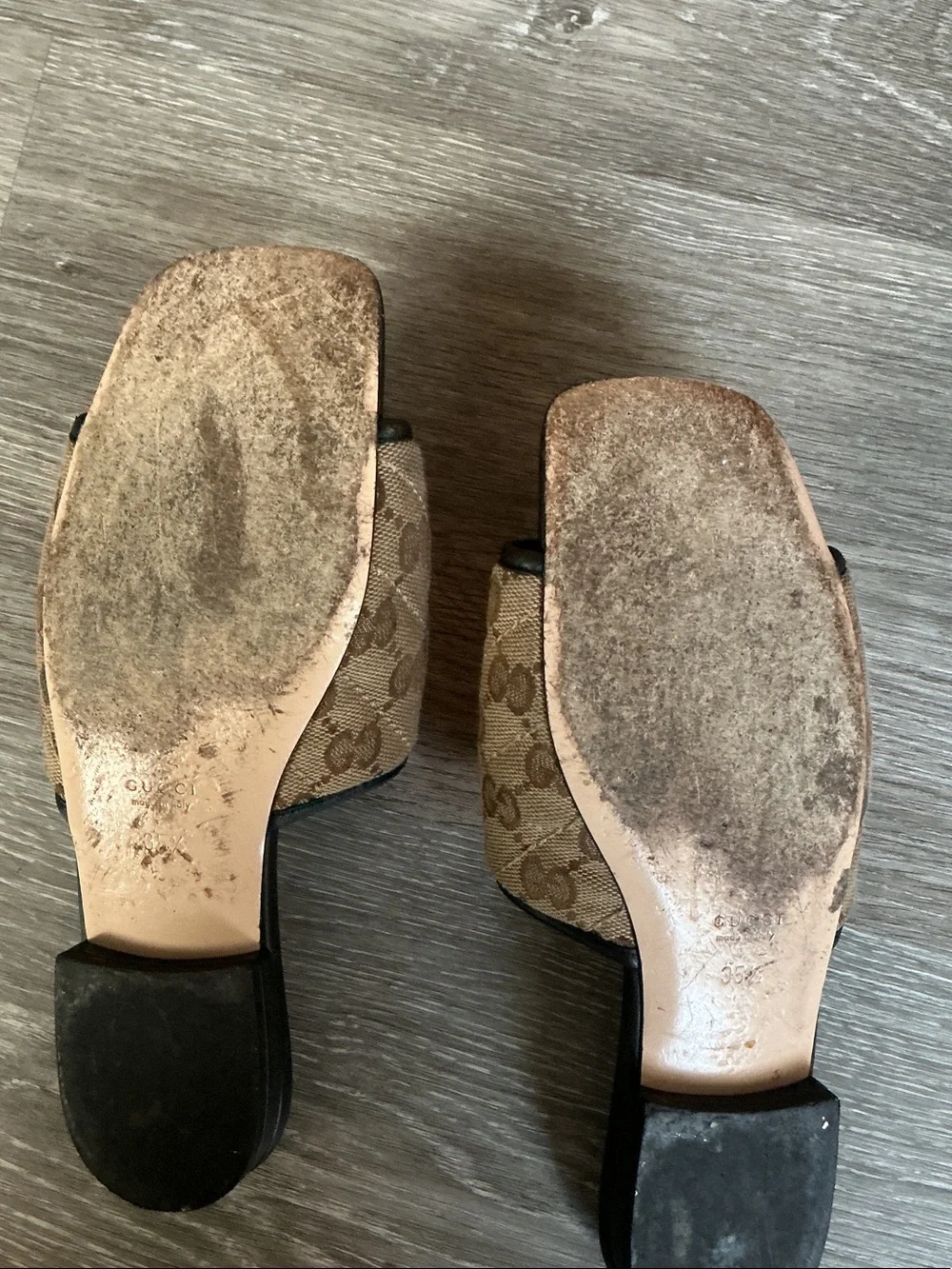 Authentic Gucci Beige Brown GG Canvas Slide Mules with Gold Double G - Picture 4 of 7